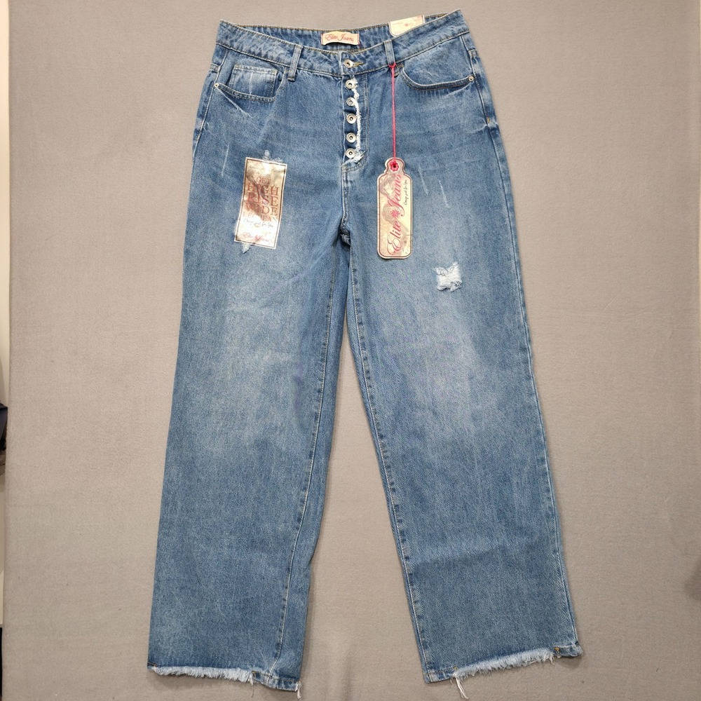 Elite Women's Buttonfly Wide Leg Distressed Denim Blue Jeans Sz 15/16 Inseam 31